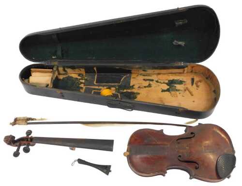 A violin, with a two piece back, 72cm long, with a bow, in a wooden case. (AF)