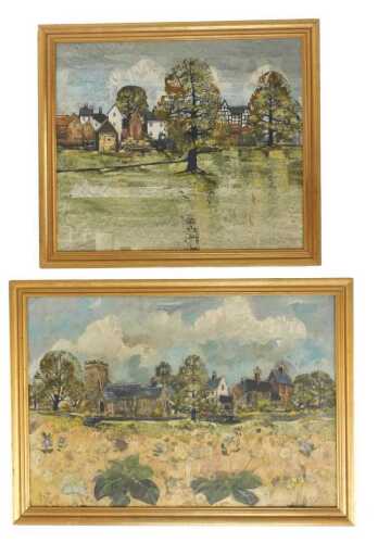 20thC School. Village scene, depicting a church and buildings, oil on canvas, initialled SP,...