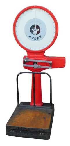An Avery 250kg capacity set of industrial scales, part painted red.