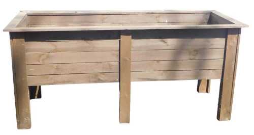 A stained slatted wood garden planter, of rectangular form, raised on stile supports, 80cm high,...