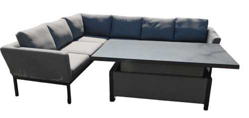 A grey fabric upholstered L-shaped garden settee, in two sections, 215cm wide, and 193cm wide,...