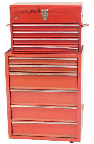 Two red metal tool chests, each containing a number of tools, to include a socket set, etc.,...