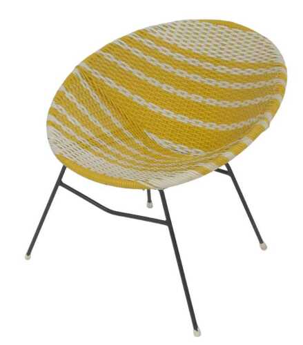 A 1960s yellow and white plastic woven chair, on ebonised metal legs, 60cm wide.
