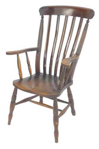 A late 19thC ash and elm lath back armchair, with a solid seat, on turned legs, with H stretcher.