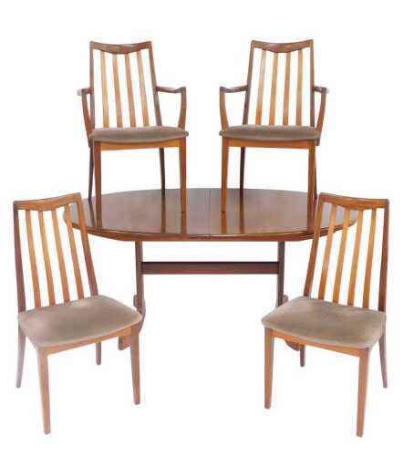 A teak extending dining table, the oval top, with one loose leaf, on shaped supports, 73cm high,...