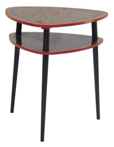 A Continental ebonised two tier occasional table, painted in gold and red, with design of a bird,...