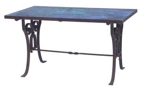 A 1960s/70s wrought iron coffee table, the rectangular top inset with a pictorial tile insert,...