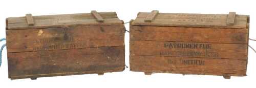 A pine ammunition box, stamped EBOR 235259 Liverpool, 66cm wide, and another similar, stamped EB...