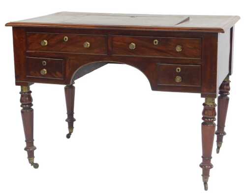 A Victorian mahogany writing table, the rectangular top with a hinged and ratcheted writing...