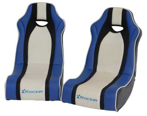 Two Rocker black blue and cream leatherette computer gaming chairs.