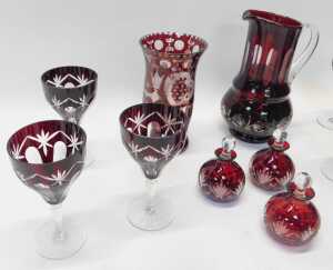 A group of Bohemian ruby flashed glass, comprising six wine glasses, 16cm high, together with a... - 3