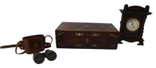 A Victorian rosewood and mother-of-pearl inlaid writing box, 40cm wide, together with a pair of...