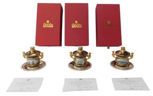 Three Spode 1987 Maritime Collection cabinet cups and stand, comprising Nelson, Armada, and Lady...
