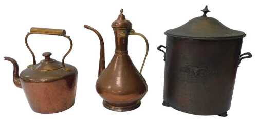 A group of metalware, comprising a Victorian copper teapot, a Turkish copper and brass ewer,...