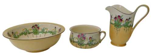 A Devonware Fieldings pottery wash set, comprising wash jug and bowl and chamber pot, each piece...