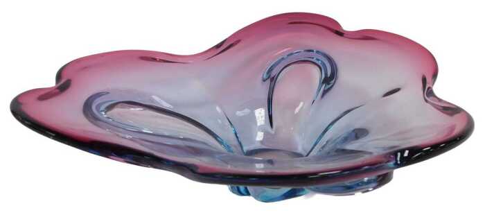 A Chribska glass dish by Josef Hospodka, in two-tone blue and pink, 36cm wide.