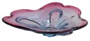 A Chribska glass dish by Josef Hospodka, in two-tone blue and pink, 36cm wide.