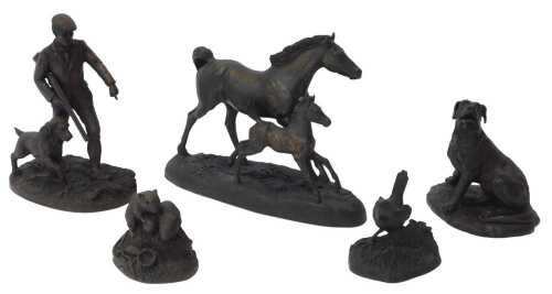 Two Cellini Arts resin figures, of birds and mice, together with a figure of a gentleman with...