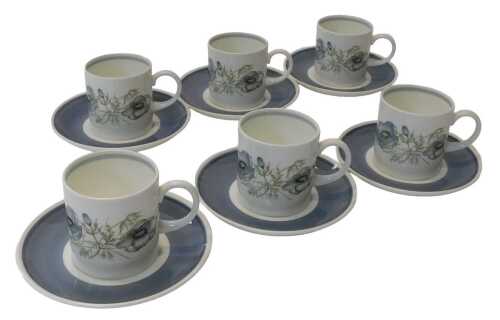 Six Wedgwood porcelain Susie Cooper design Glen Mist pattern coffee cups and saucers.