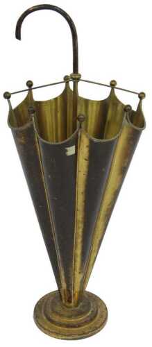 A brass umbrella stand, modelled as an upturned umbrella, on a circular stepped base, 75cm high.
