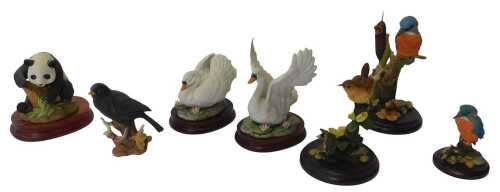 Three Country Artists bird figures, to include a kingfisher in bullrushes and a wren on a branch,...