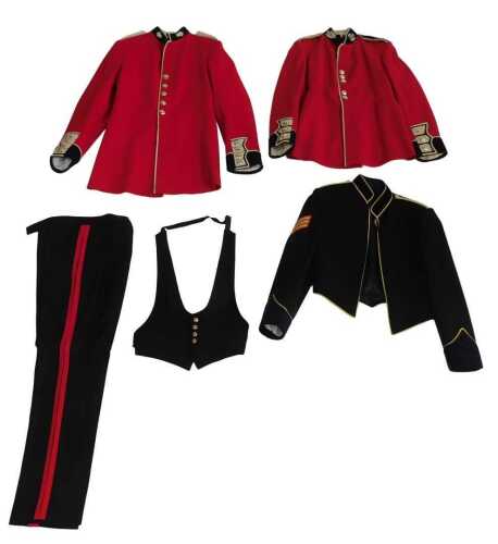 A Royal Artillery red dress jacket, a Scots Guards dress jacket, a Royal Logistics Corps...
