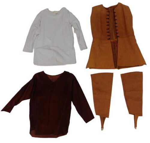 A brown leather tunic with a red suede inner garment, and two arm protectors, etc.