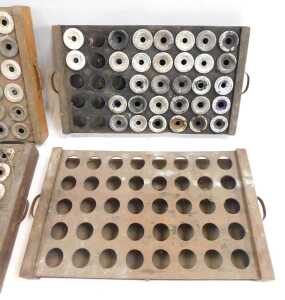 Six stained pine printer's drawers, containing some ceramic inkwells, each 29cm wide. - 2