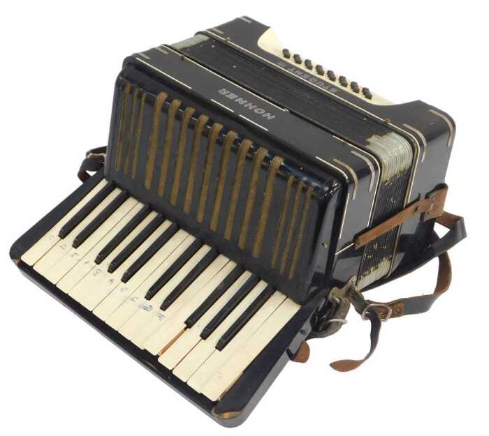 A Hohner Student III piano accordion, with twenty-seven buttons, in black, with a carrying case.