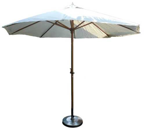A Cozy Bays Furniture garden parasol, in cream, together with a circular base.