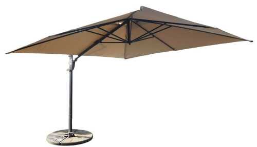 A cantilever garden parasol, with a pale grey shade, with a crank handle, on a X-shaped base,...
