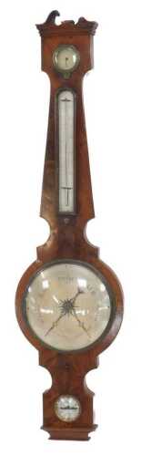 A 19thC mahogany cased drop dial barometer, with a silvered dial, mercury measure, and damp/dry...