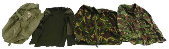 Army clothing, to include a khaki green jumper size XL, camouflage fleece, camouflage jacket...