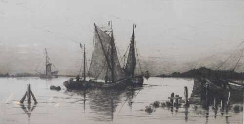 After Leigh Hunt (19thC School). Fishing boats on calm waters, black and white engraving, 51.5cm...
