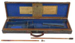 An early 19thC mahogany and leather-bound gun case, the blue felt fitted interior bearing...