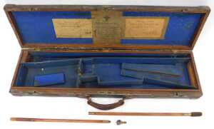 An early 19thC mahogany and leather-bound gun case, the blue felt fitted interior bearing... - 2