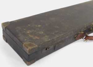 An early 19thC mahogany and leather-bound gun case, the blue felt fitted interior bearing... - 5