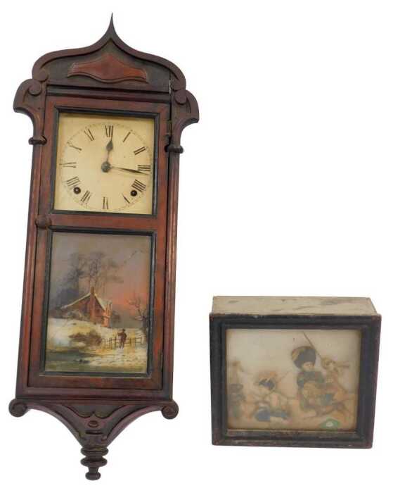 A late 19thC mahogany cased wall clock, the square dial bearing Roman numerals, with an...