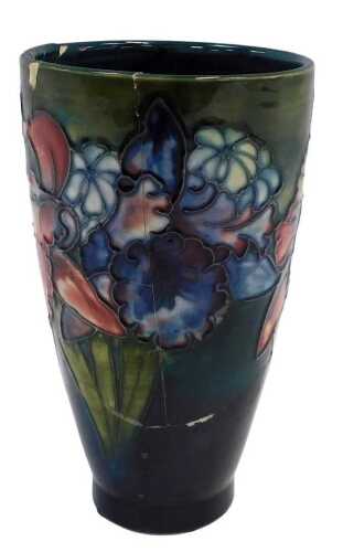 A Moorcroft pottery Orchid Green pattern vase, of cylindrical tapering form, impressed marks,...
