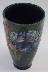A Moorcroft pottery Orchid Green pattern vase, of cylindrical tapering form, impressed marks,... - 2