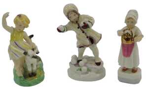 Three Royal Worcester porcelain figures, modelled as April 3416, December 3458, and Polly Put...
