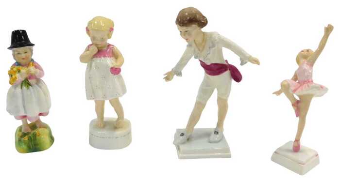 Four Royal Worcester porcelain figures, modelled as Wales 3103, Only Me 3226, Ballerina, and...