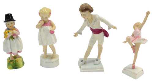 Four Royal Worcester porcelain figures, modelled as Wales 3103, Only Me 3226, Ballerina, and...