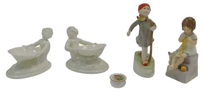 Two Royal Worcester porcelain figures, modelled as Thursday's Child Has Far To Go and Saturday's...