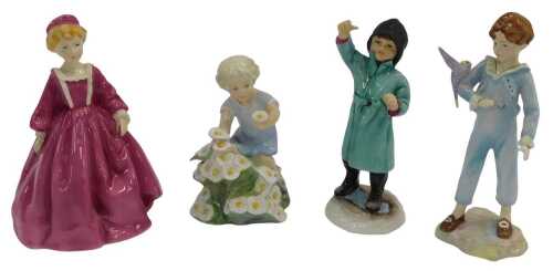 Four Royal Worcester porcelain figures, comprising May 3455, February 3453, Parakeet 3087, and...