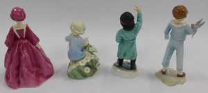 Four Royal Worcester porcelain figures, comprising May 3455, February 3453, Parakeet 3087, and... - 2