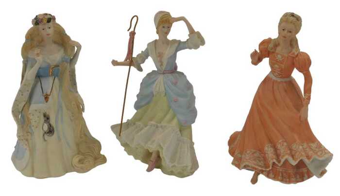 Three Wedgwood Danbury Mint bisque porcelain figures, modelled as Cinderella, Little Bo-Peep,...
