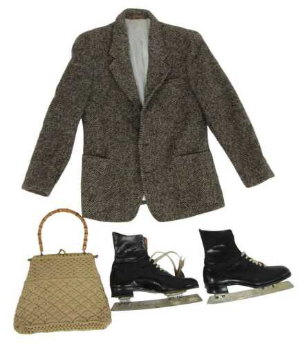 A pair of black leather ice skates, with John Wilson blades, together with a McNutt tweed blazer,...