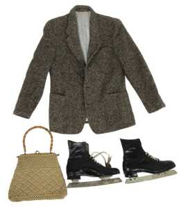 A pair of black leather ice skates, with John Wilson blades, together with a McNutt tweed blazer,...