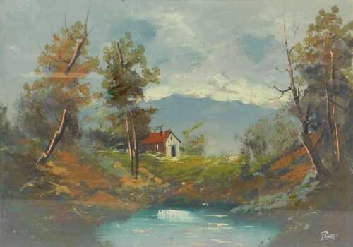 Ponticelli (Italian School). Lake scene depicting cottage and trees, oil on canvas, signed, 71cm...